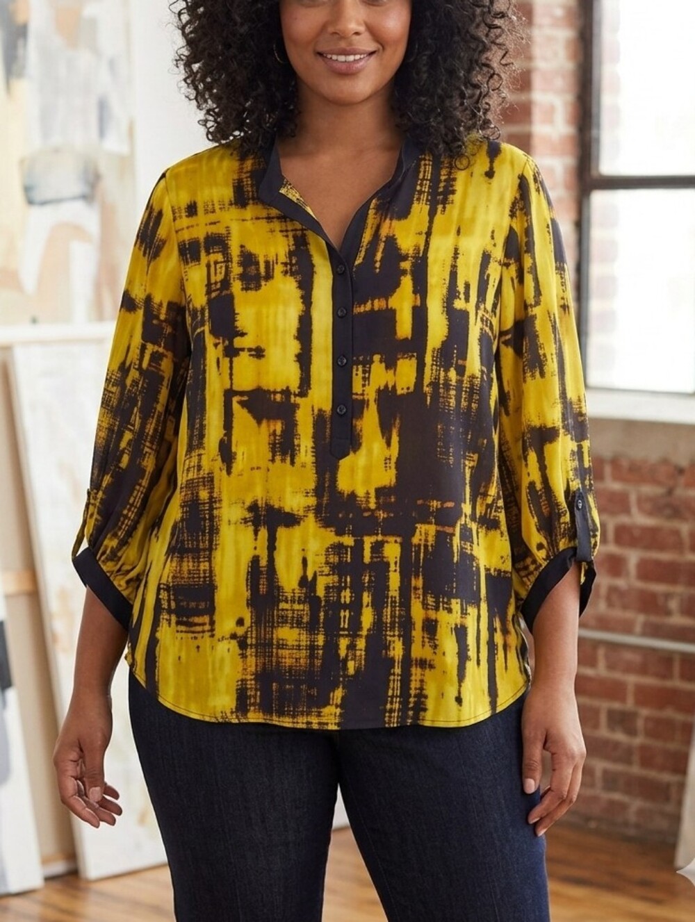 Joseph Ribkoff Yellow & Black Abstract Button-Front Tunic Top Size 16
